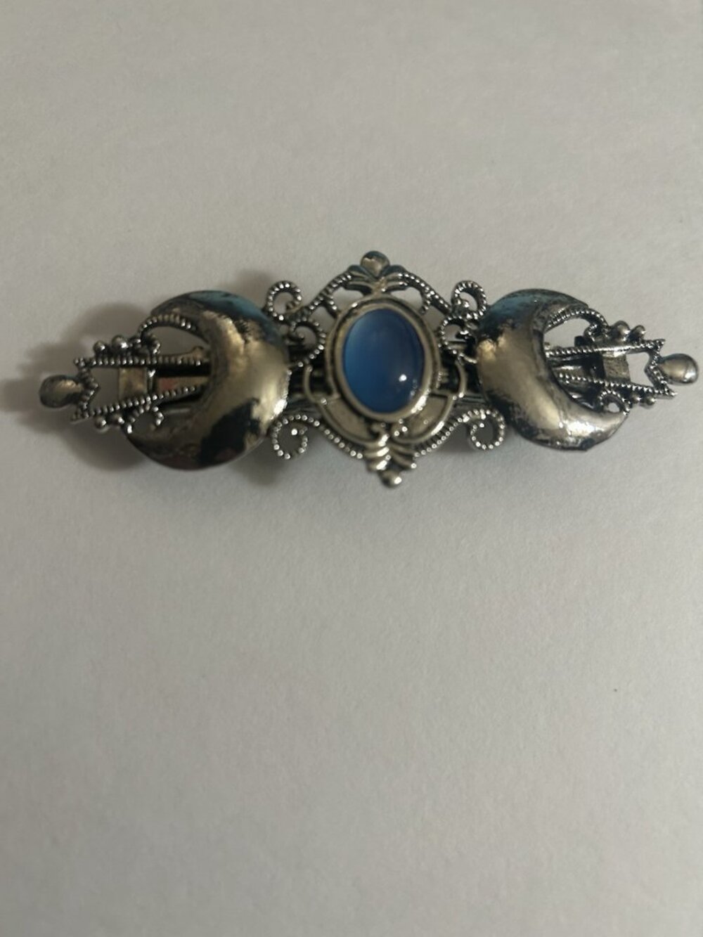 Gothic Celestial Moon Barrette Hair Clip Silver W/blue Faux Moonstone Mythical